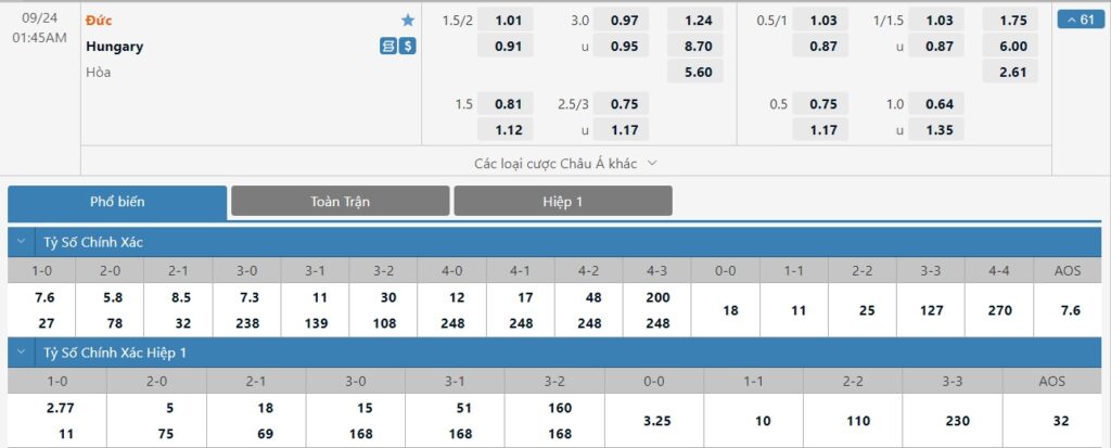Bảng tỷ lệ kèo trận đấu Đức vs Hungary